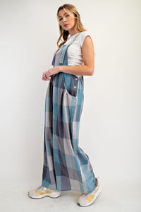 Easel Plaid Pattern Mineral Washed Overalls