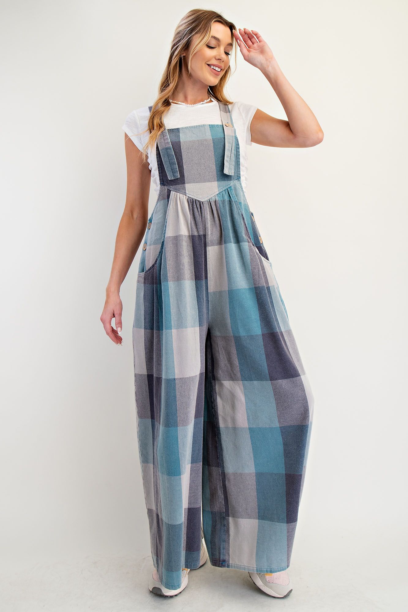 Easel Plaid Pattern Mineral Washed Overalls