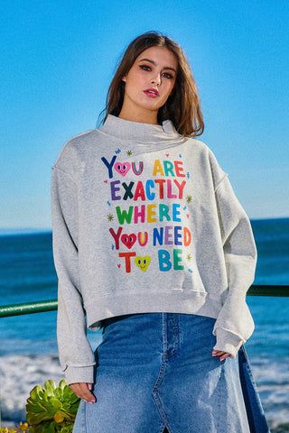 BUCKETLIST Exactly Where you Need to Be Reversible Graphic Mock-Neck Crop Sweatshirt