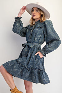Easel Jacquard Dirty Washed Denim Dress