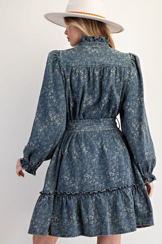 Easel Jacquard Dirty Washed Denim Dress