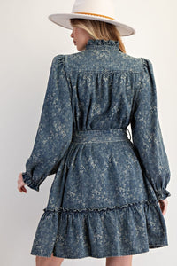 Easel Jacquard Dirty Washed Denim Dress