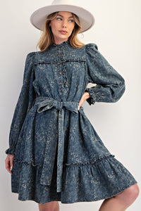 Easel Jacquard Dirty Washed Denim Dress