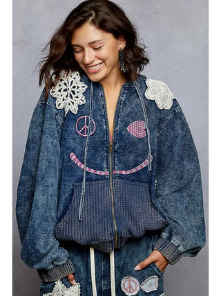 POL - French Terry Crochet Love Peace Smile Hoodie Knit Jacket -Denim