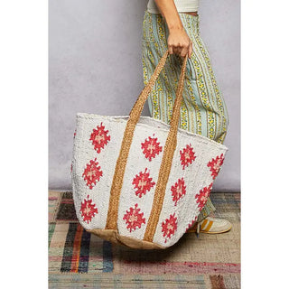 POL - Ivory/Red Denim Crochet Woven Tote Bag