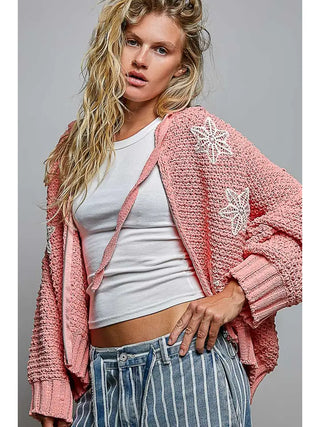 Pol - Floral Patch Rib Band Solid Chenille Sweater Hoodie Jacket