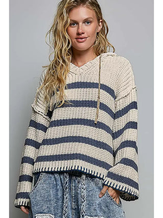 Pol Clothing - V-Neck Striped Long Sleeve Stitch Hoodie