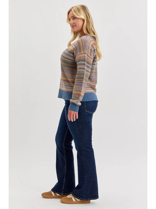 Be Cool Multi Color Striped Textured Sweater Top - Denim