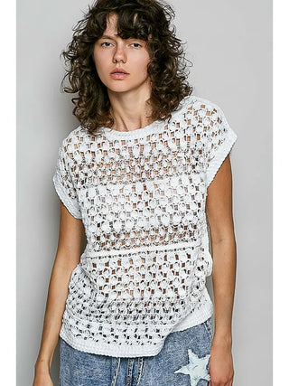 POL - Off-White Round Neck Sleeveless Striped Crochet Top