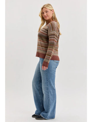 Be Cool Multi Color Striped Textured Sweater Top - Burgundy