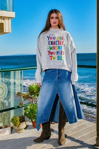 BUCKETLIST Exactly Where you Need to Be Reversible Graphic Mock-Neck Crop Sweatshirt