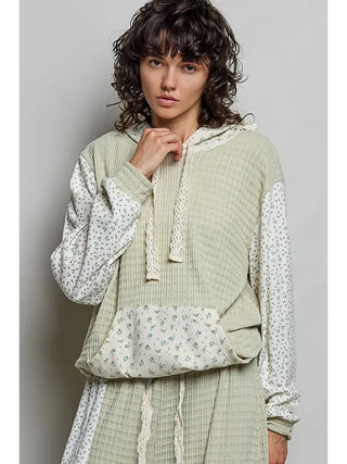 Pol - Kangaroo Pocket Mixed Knit Contrast Sleeve Hooded Pullover