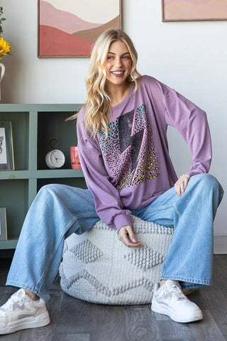 Heimish Puff Long Sleeve Solid Lightning Print Top