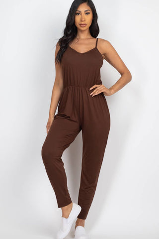 Capella Apparel - Solid Spaghetti Strap Jumpsuit - Coffee