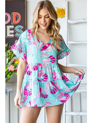 Heimish - Dolman Short Sleeve with Ruffled Geometric Print - Light Blue/Pink