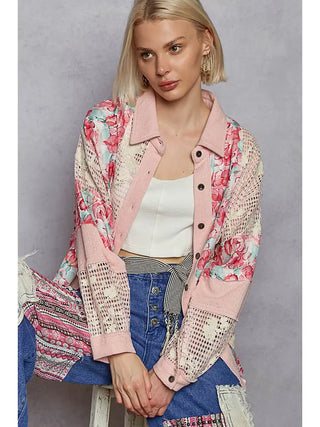 POL - Balloon Sleeve Raw Edge Floral Printed Shirts - Pink