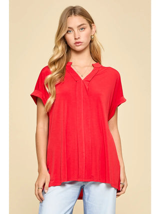 Dear Scarlett Short Sleeve Split-Neck Tunic Top – Red