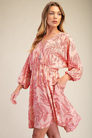 Easel - Peach Smoothie Leaf Print Laura Linen Woven Dress