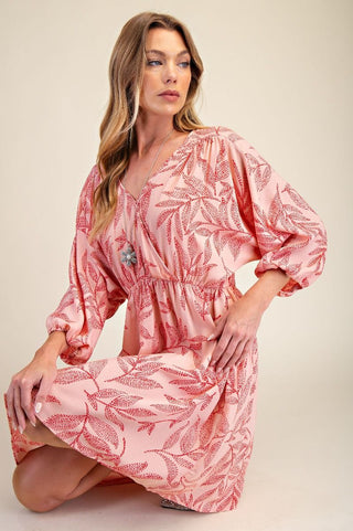 Easel - Peach Smoothie Leaf Print Laura Linen Woven Dress