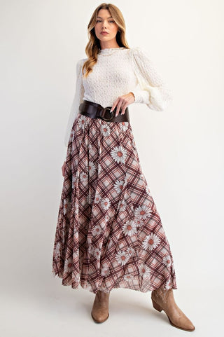 Easel - Plaid Printed Mesh Maxi Skirt