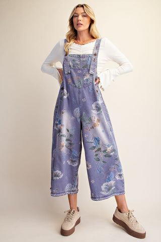 Easel - Flower Printed Washed Denim Overalls