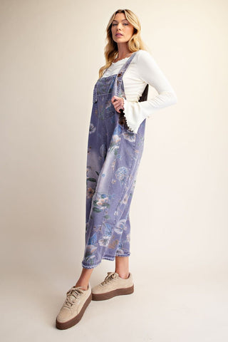 Easel - Flower Printed Washed Denim Overalls