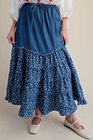 Easel - Print Mix Tiered Washed Denim Maxi Skirt