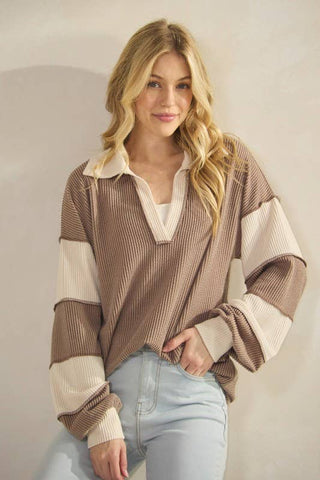 HEIMISH - LONG SLEEVE MANDARIN COLLAR SOLID CONTRAST TOP