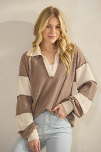 HEIMISH - LONG SLEEVE MANDARIN COLLAR SOLID CONTRAST TOP