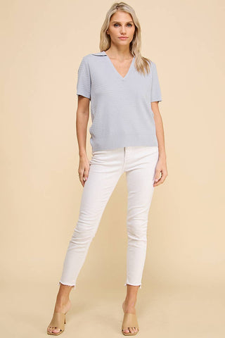 Allie Rose - Fine Gauge Short Sleeve Textured Polo -Cool Grey