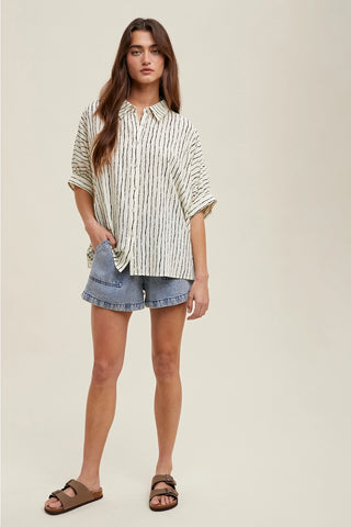 Wishlist Striped Drop Shoulder Button-Up Blouse