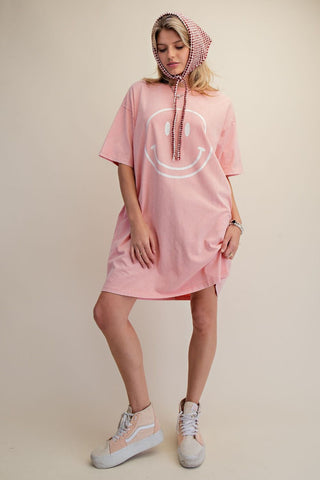 Easel - Barbie Pink Washed Cotton T-Shirt Dress w/ Smiley Pattern