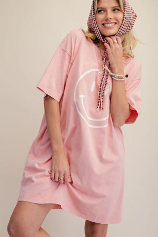 Easel - Barbie Pink Washed Cotton T-Shirt Dress w/ Smiley Pattern