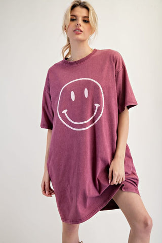 Easel - Mulberry Washed Cotton T-Shirt Dress w/ Smiley Pattern