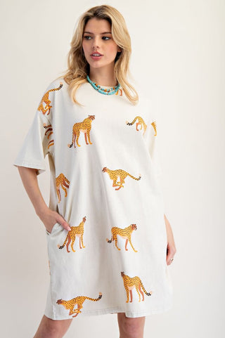 Easel - Mineral Washed Cheetah Print T-Shirt Dress