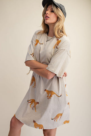 Easel - Mineral Washed Cheetah Print T-Shirt Dress