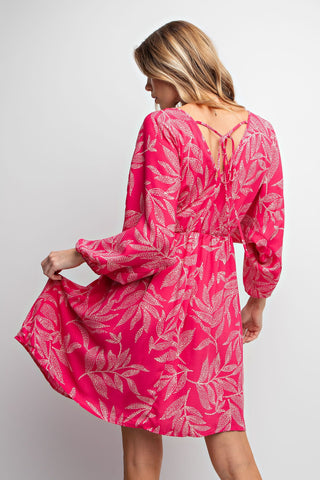 Easel - Pink Drink Leaf Print Laura Linen Woven Dress