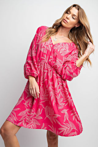 Easel - Pink Drink Leaf Print Laura Linen Woven Dress