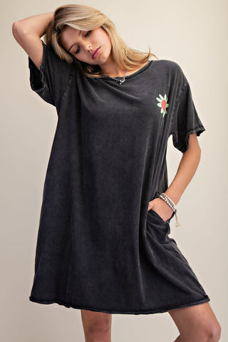 Easel - Black Silk Screen Floral Print Tunic Dress