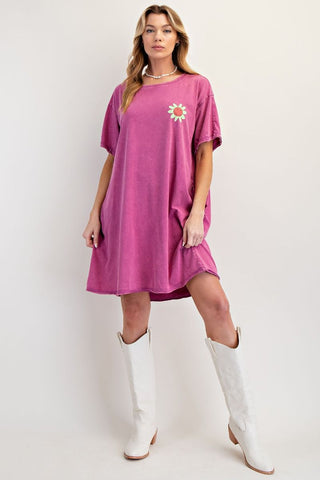 Easel - Orchid Silk Screen Floral Print Tunic Dress