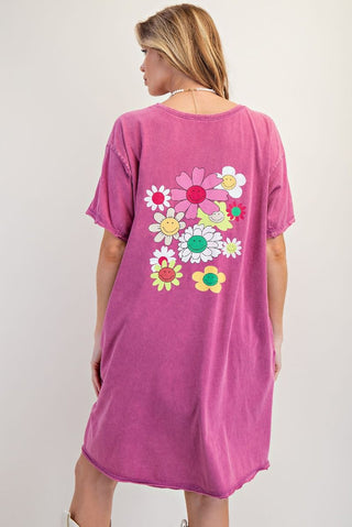 Easel - Orchid Silk Screen Floral Print Tunic Dress