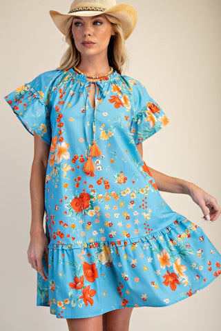 Easel - Wing Sleeves Printed Cotton Poplin Dress