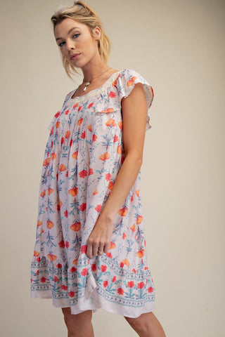 Easel - Cap Sleeves Printed Challis Dress
