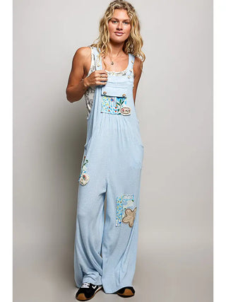 POL - Textured Knit Patchwork Straight Leg Overalls