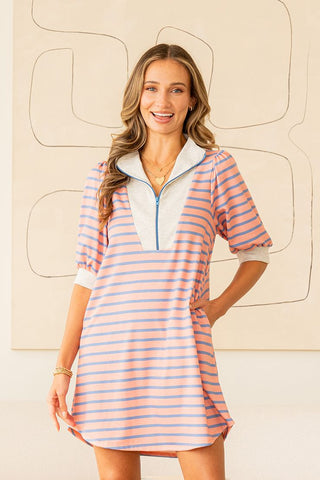 Sew in Love - Puff Sleeve Stripe Dress - Coral Denim