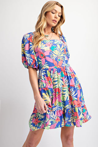 Easel - Peri Blue Tropical Printed Peach Blossom Dress