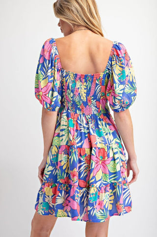Easel - Peri Blue Tropical Printed Peach Blossom Dress