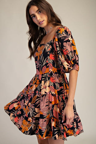 Easel - Black Tropical Printed Peach Blossom Dress