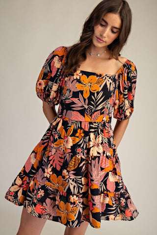 Easel - Black Tropical Printed Peach Blossom Dress