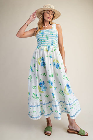 Easel - Floral Printed Washed Linen Dress - White Blue